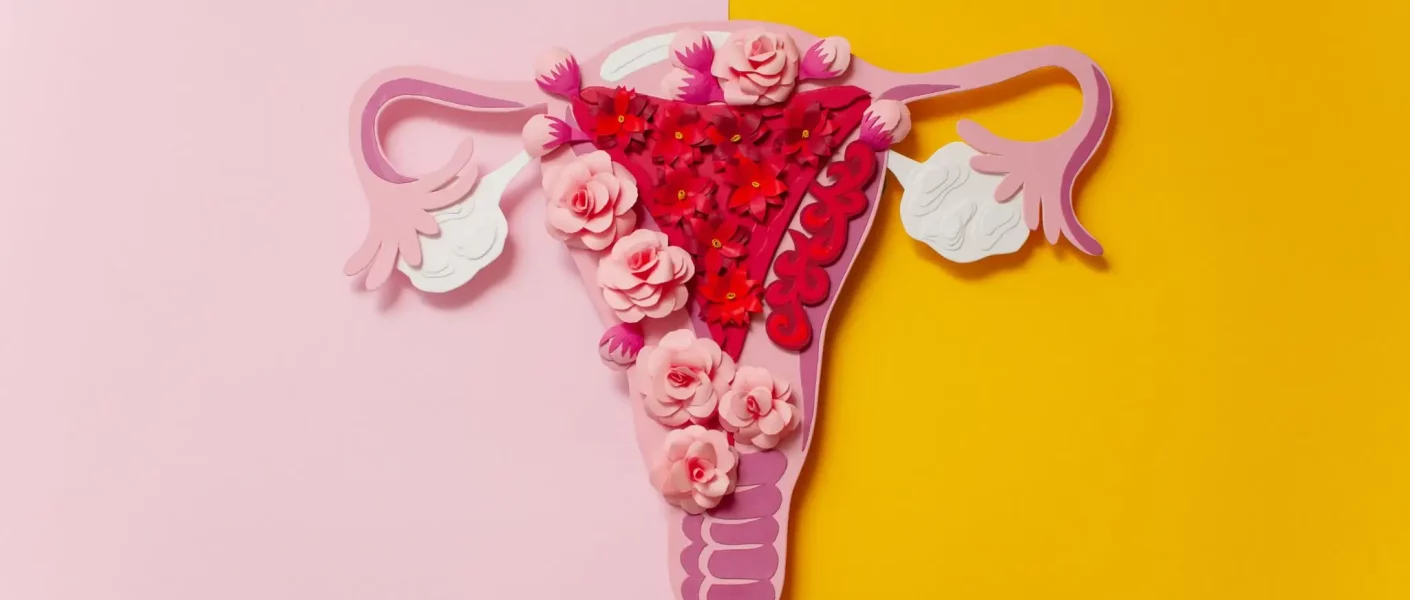 image illustrant un uterus avec des fleurs et un fond jaune et rose pour l'article les symptômes de l'endométriose