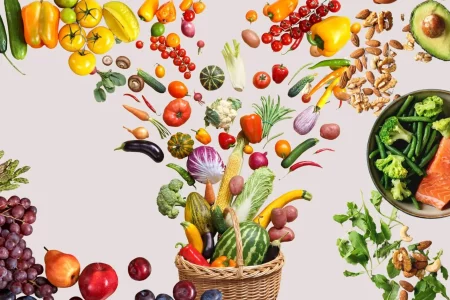 image illustrant un panier et des aliments sains et a but anti inflammatoire pour l'article sur l'alimentation anti-inflammatoire contre l'endométriose