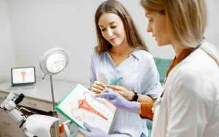 image illustrant une femme en consultation avec une gynécologue qui lui explique via un schéma d'utérus la pathologie et lui apporte des réponses pour l'article diagnostic de l'endométriose